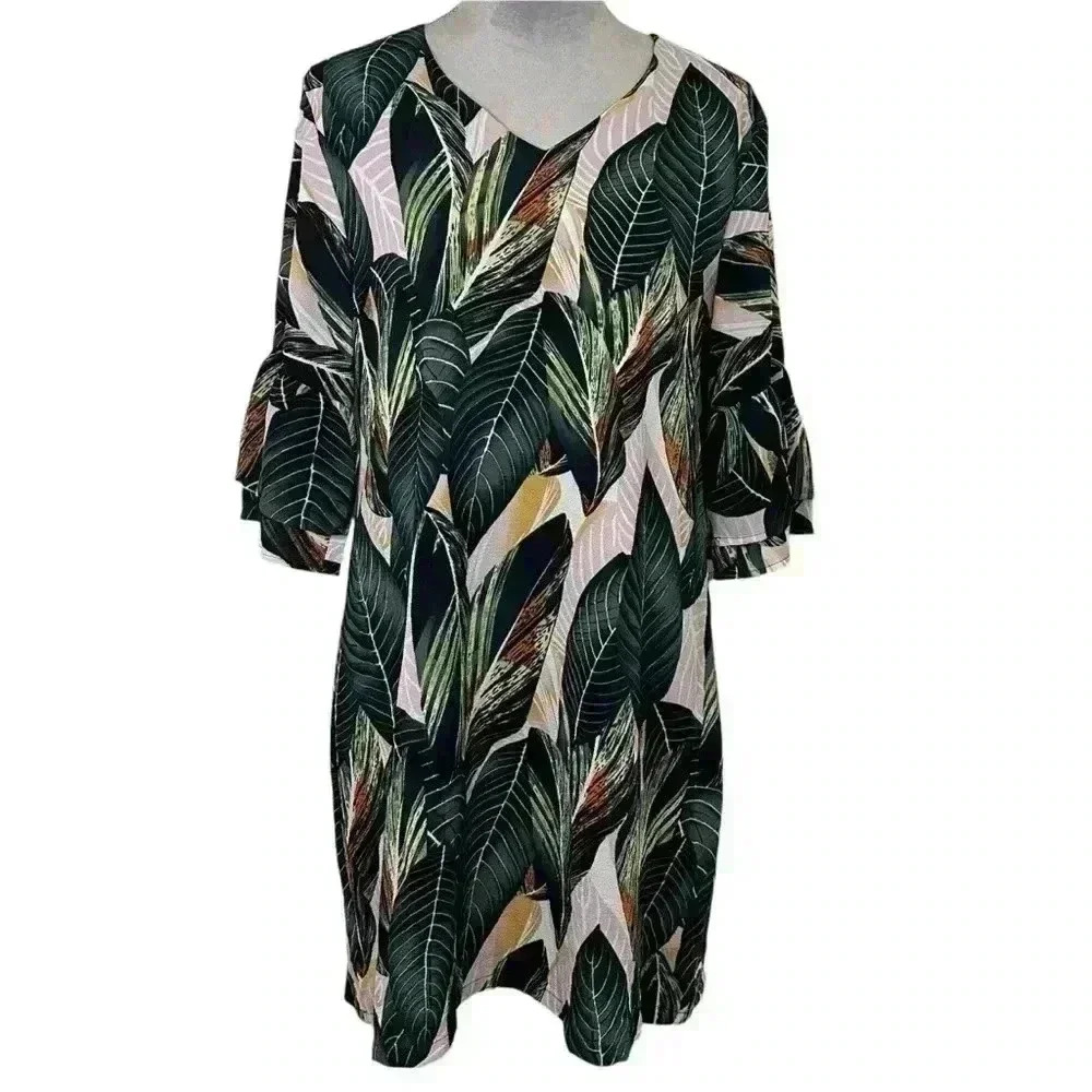 Belongsci V-neck Knee Length Dress Flounce Bell Sleeve Zipper in the back Size L